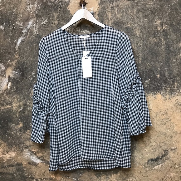 Pleione Tops - Pleione black & white gingham check bell blouse